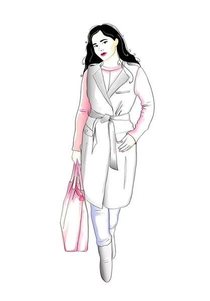 Mulher de moda vestindo um casaco, suéter e jeans, segurando um saco. Outono guarda-roupa estilo feminino — Vetor de Stock