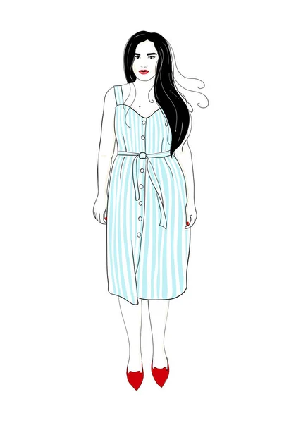 Chica de moda en vestido de rayas. Verano armario de estilo femenino — Archivo Imágenes Vectoriales