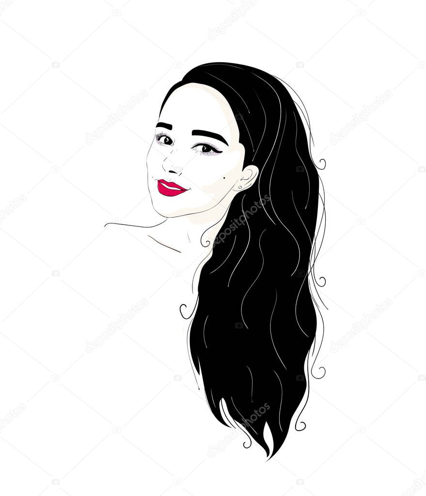 Fashion illustration of a brunette girl portrait with long hair and beautiful make-up.