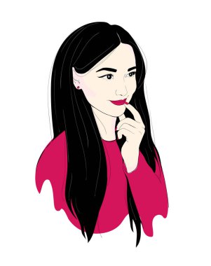 Bir kadın olduğunu düşünüyor ya da rüyalar. Planlar yapmak. Esmer kız portre uzun saçlı, güzel makyaj moda çizimi.