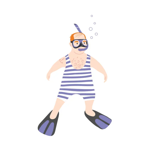 Snorklingstur. Simning i havet maskerade och snorkel. Rolig karaktär Plump Bald Sailor — Stock vektor