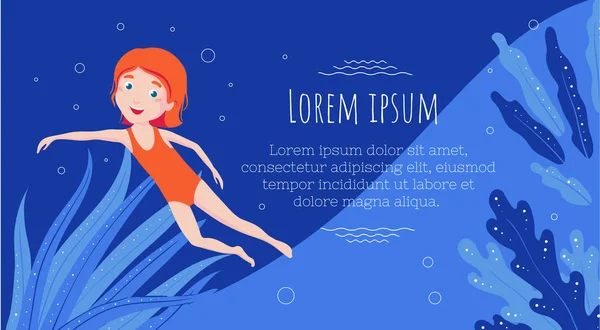 La chica nada en el mar. Clases de natación para niños. Deportes y actividades al aire libre . — Vector de stock