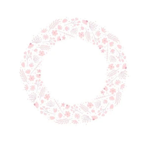 Pink doodle flowers wreath. Cute floral circle frame