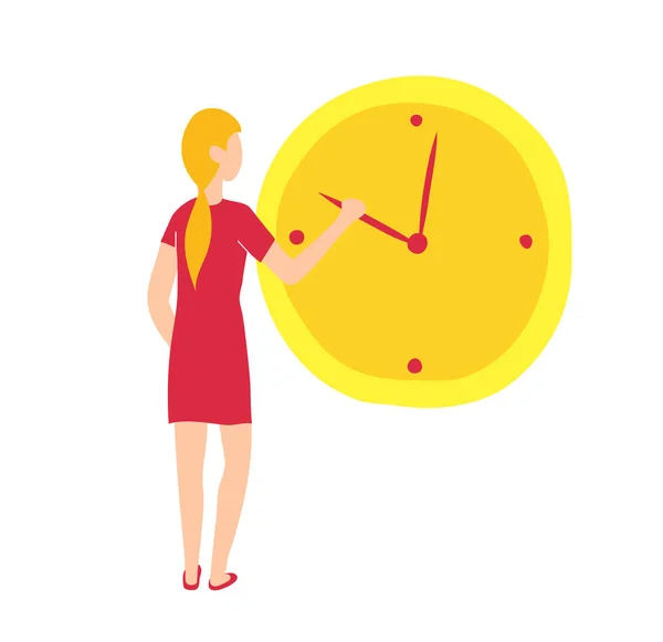 Управление временем. Девушка переводит стрелки часов — стоковый вектор