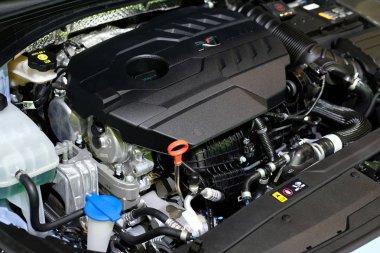 Kuala Lumpur, Malezya - 27 Kasım 2018: Kuala Lumpur Uluslararası Otomobil Fuarı 'nda yeni tasarımı sergilenen yepyeni popüler Hyundai i30 N arabanın motor görünümü).