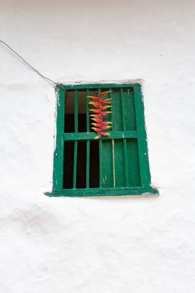 Detail of a green window with birds of paradise flowers hanging on a colonial building in Barichara, Colombia.