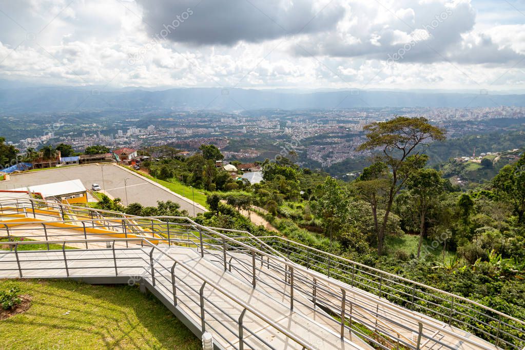 FLORIDABLANCA, COLOMBIA - MAY 3: Walkway up to the Jesus statue at  El Santisimo Eco Park in Floridablanca, Colombia on May 3, 2016.