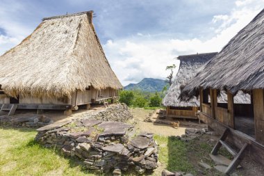 Üç geleneksel ev Wologai köyü yakınındaki Kelimutu Doğu Nusa Tenggara, Endonezya.
