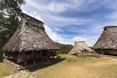 İki geleneksel Wologai köyü yakınındaki Kelimutu Doğu Nusa Tenggara, Endonezya hasarlı bir evde kanat evler.