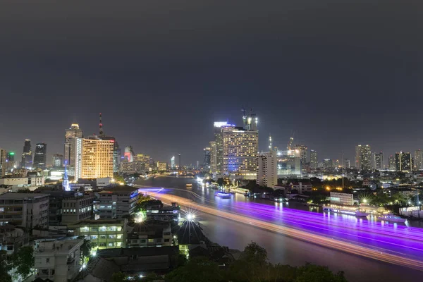 Long Exposure View Lights Boats Sail Chao Phraya River Night — Stock Photo, Image