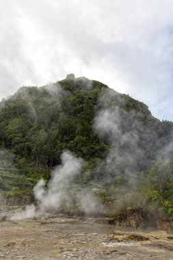 Termal Fumarolas da Lagoa das Furnas bacalarda portre görünümünü Sao Miguel Island üzerinde. 