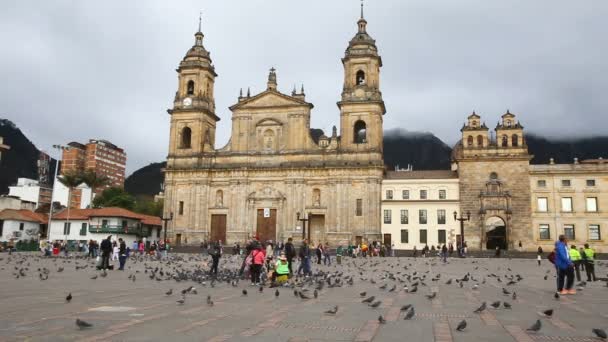 哥伦比亚波哥大 6月14日 2016年6月14日 在哥伦比亚波哥大 不明身份的人走过玻利瓦尔广场的主要大教堂 — 图库视频影像