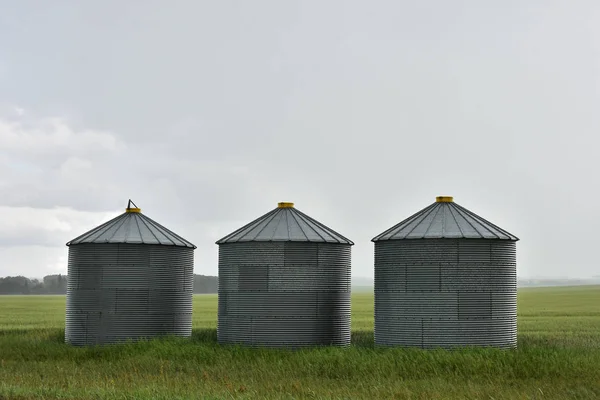 An image of three metal grain silos in a heavy summer rain storm.