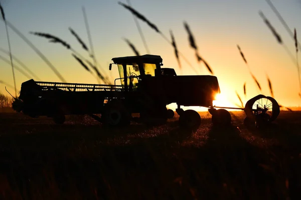 A silhouette image of old farming equipment in a field at sunset.