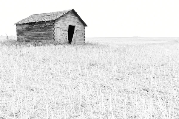 An black and white image of old run down and abandoned farm buildings.