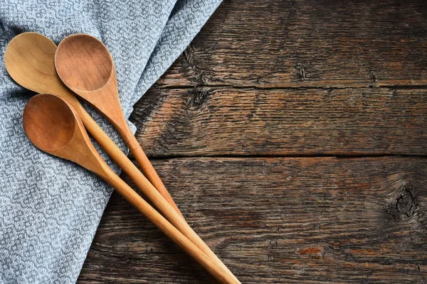 Image Wooden Mixing Spoons Colorful Table Cloth Old Style Country — Stock Photo, Image