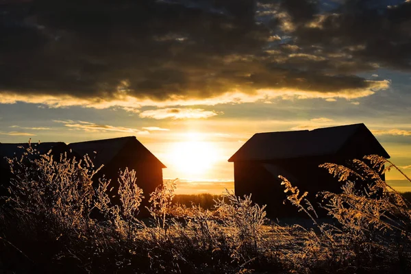 Silhouette Image Old Abandoned Farm House Winter — Stock Photo, Image