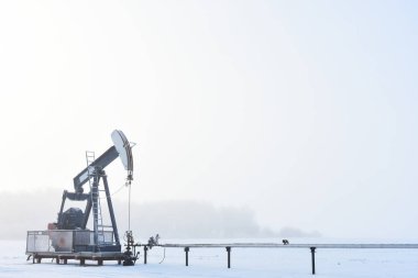 Kış soğuk ve sisli günde bir çalışma petrol pompa jakına bir görüntü. 