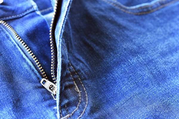 Uma Imagem Close Zíper Aberto Novo Par Jeans Jeans Jeans — Fotografia de Stock