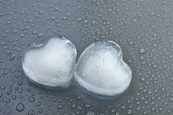 Close Image Melting Heart Shaped Ice Cubes Metallic Grey Tray — Stock Photo, Image