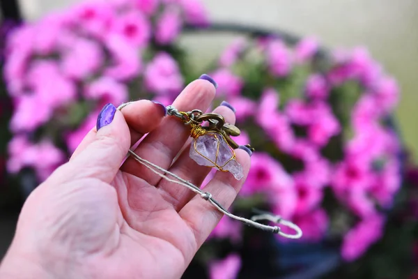 Parlak Pembe Petunya Çiçeklerine Karşı Ametist Sarkacın Yakın Plan Görüntüsü — Stok fotoğraf