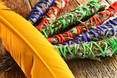 Birkaç ev yapımı adaçayı lekesi ve parlak renkli kutsal tüy resmi.. 