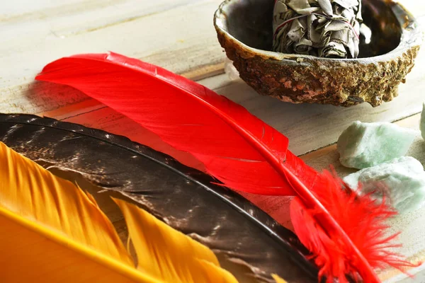 Renkli kutsal tüyler ve beyaz adaçayının yakın plan görüntüsü.. 