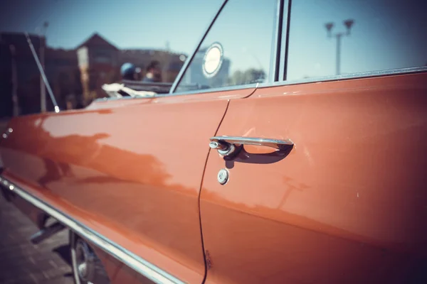 Closeup Silver Door Handle Old Classic Car Exhibition Vintage Cars — Stock Photo, Image