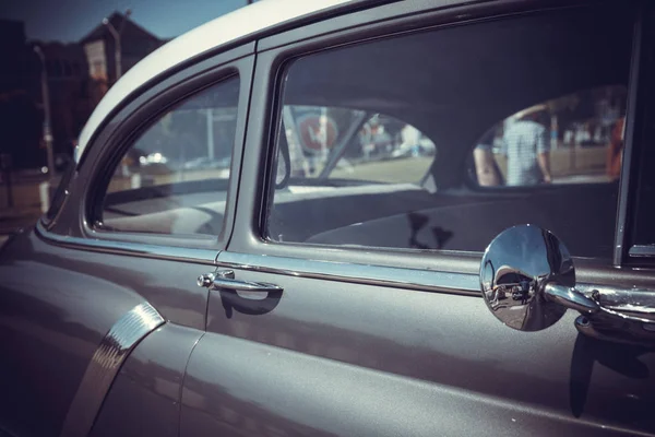 Closeup Silver Door Handle Old Classic Car Exhibition Vintage Cars — Stock Photo, Image