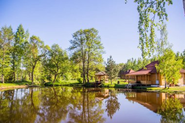 Nehir kıyısında güzel ev. Yaz manzara