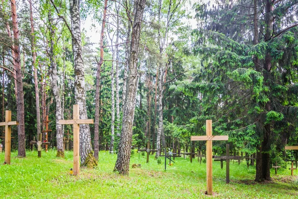Floresta Cemitério Abandonado Uma Velha Cruz Enferrujada — Fotografia de Stock