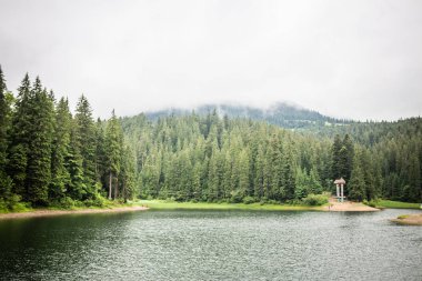 Yüksek dağ gölü Synevyr (Ukrayna, sonbahar yatay)