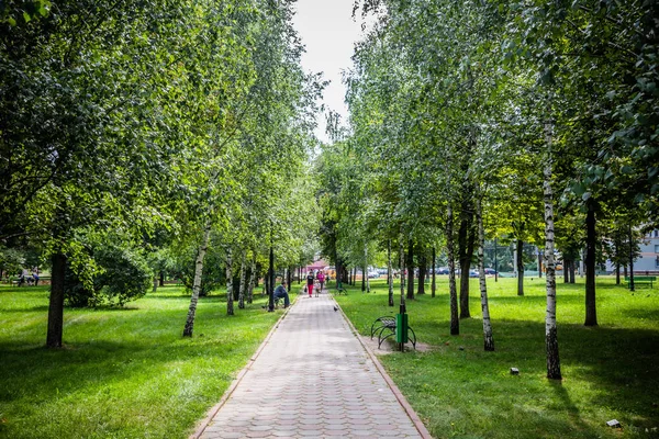 Parlak Güneşli Havalarda Şehrin Ortasındaki Yeşil Park — Stok fotoğraf