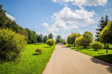 parlak güneşli havalarda şehrin ortasındaki yeşil park