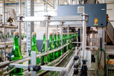 şampanya şarap şişe konveyör üzüm ve köpüklü şarap fabrikası'nda boyunca hareket ediyor