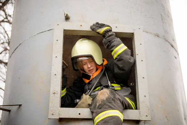 Minsk Belarus Setembro 2018 Jovem Bombeira Funcionários Treinamento Anual Combate — Fotografia de Stock