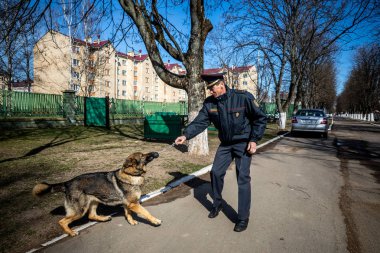 Minsk, Beyaz Rusya - 1 Marth, 2019: Bir polis bir servis köpeği trenler