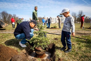 Minsk, Beyaz Rusya - 1 Marth, 2019: dost aile bir ağaç diker
