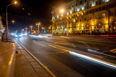 Minsk, Beyaz Rusya - 1 Marth, 2019: Gece Minsk şehir merkezi