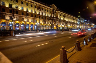 Minsk, Beyaz Rusya - 1 Marth, 2019: Gece Minsk şehir merkezi