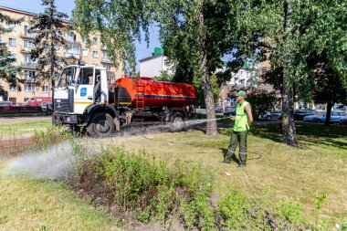 Minsk, Belarus-1 Haziran, 2019: belediyeye yardımcı işçi bahçıvan