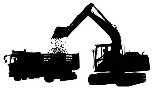 挖掘机和卡车剪影 — 图库矢量图片
