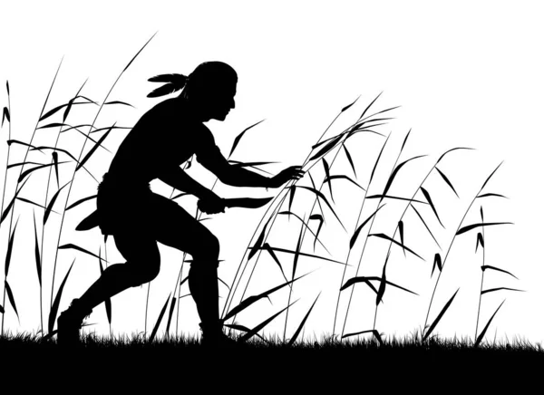 男と葦を通って忍び寄るネイティブ北アメリカ人の男の編集可能なベクトルシルエット ナイフと別々のオブジェクトとして植生 — ストックベクタ
