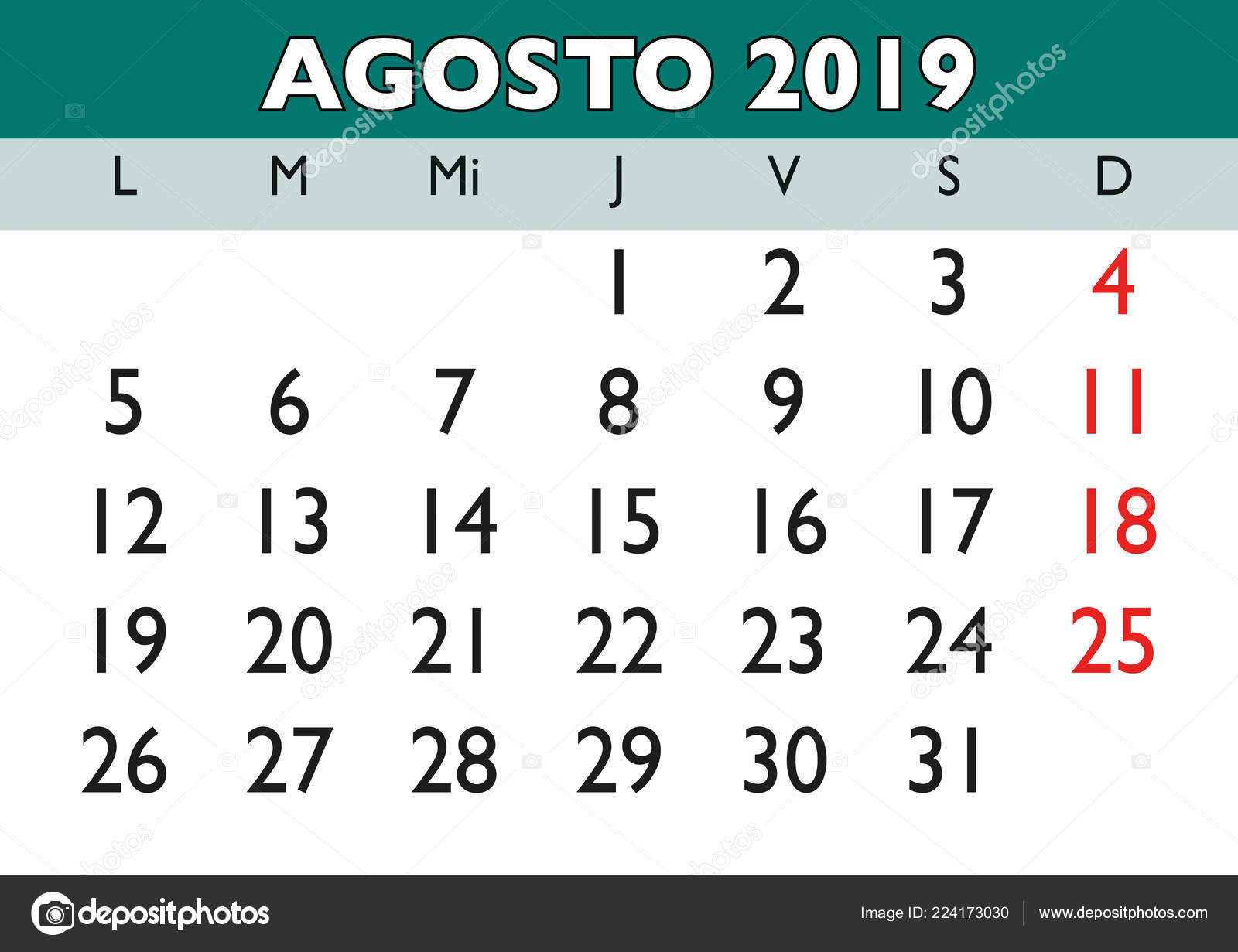 August Month Year 2019 Wall Calendar Spanish Agosto 2019