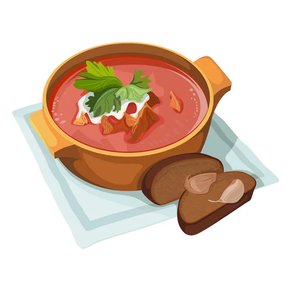 Sarımsaklı ekmek parçası üzerinde geleneksel Rus Ukrayna Pancar çorbası.