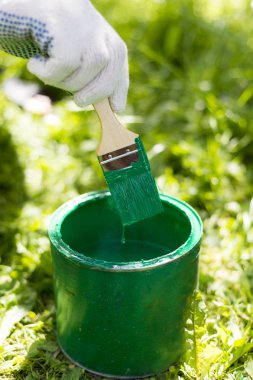 Yeşil boya ile bir olabilir bir fırça tutan el