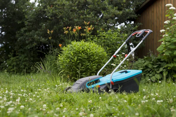 Lawn mower cutting green grass in backyard,Garden service,grass cutter cutting green lawns.