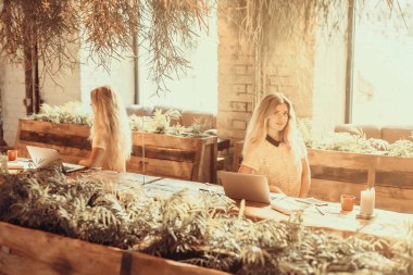 Netbook, sevimli kadın başarılı freelancer kafede otururken dizüstü bilgisayar kullanan çalışan genç kız öğrenci