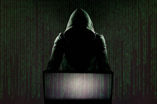 Hacker Front His Computer Dark Face — Stock Photo, Image