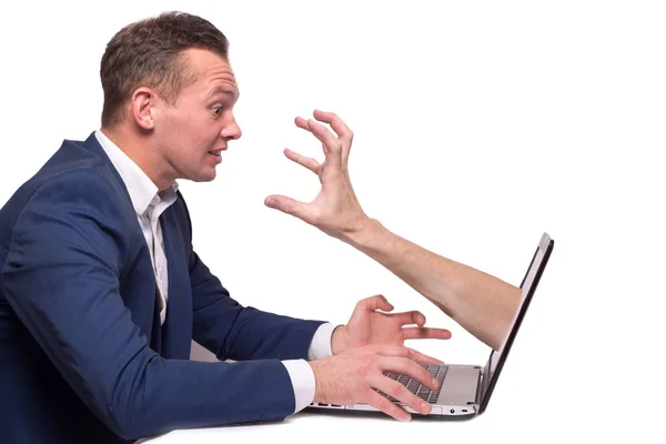 Businessman Computer Frightened Hands Hand Coming Out Laptop Screen Symbol — Stock Photo, Image